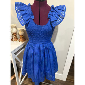 New Entro Smocked Mini Party Dress Blue Small